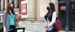Caitlin McVay speaks with Stephanie Hasan outside of the Memorial Union